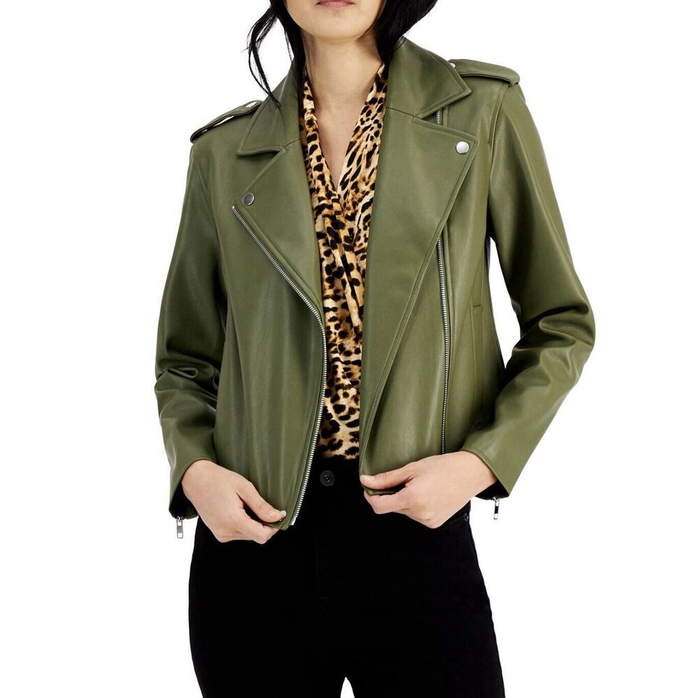Women's INC International Concepts BURNT OLIVE Faux Leather Jacket S Biker